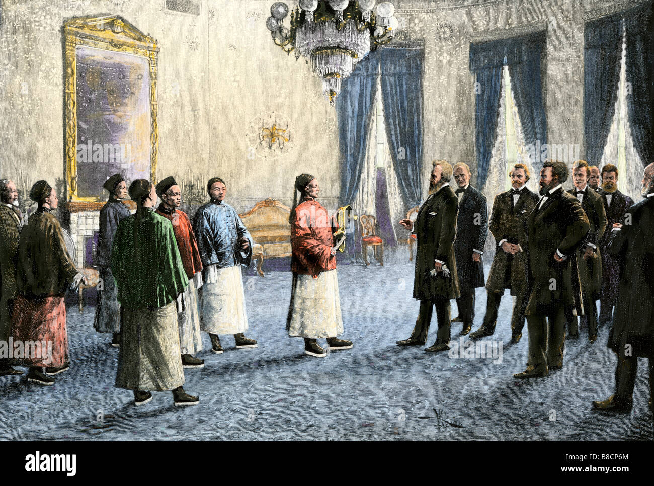 Primo ambasciatore cinese negli Stati Uniti si è riunito dal presidente Rutherford Hayes 1878. Colorate a mano di mezzitoni una illustrazione Foto Stock