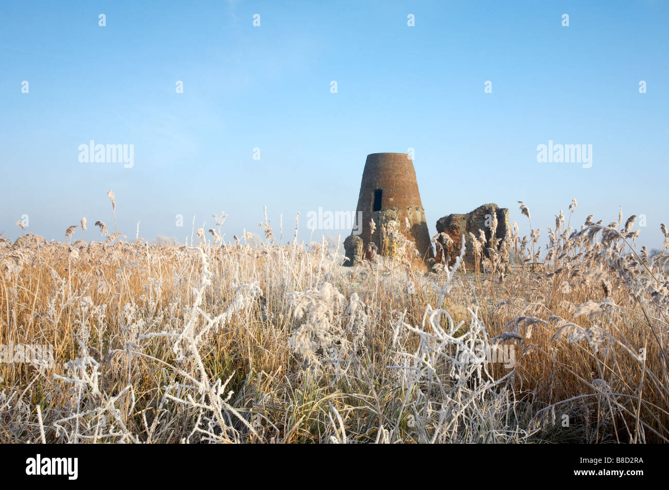 St Benet's Abbey su un giorno congelati a seguito di un drammatico inverno brina su Norfolk Broads Foto Stock