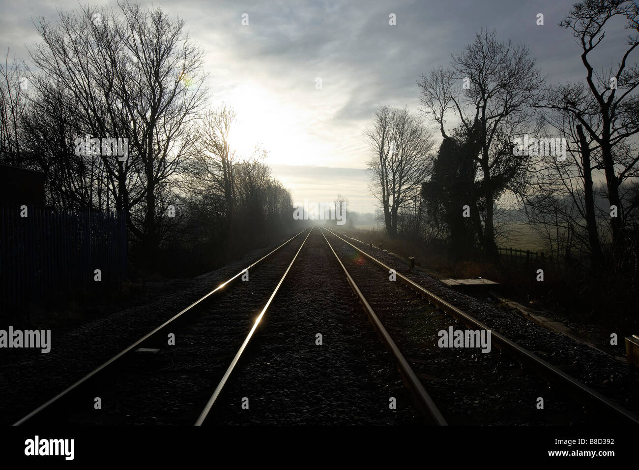 Convergenza di linee ferroviarie, in luce all'alba, Womersley, nell Inghilterra del Nord Foto Stock