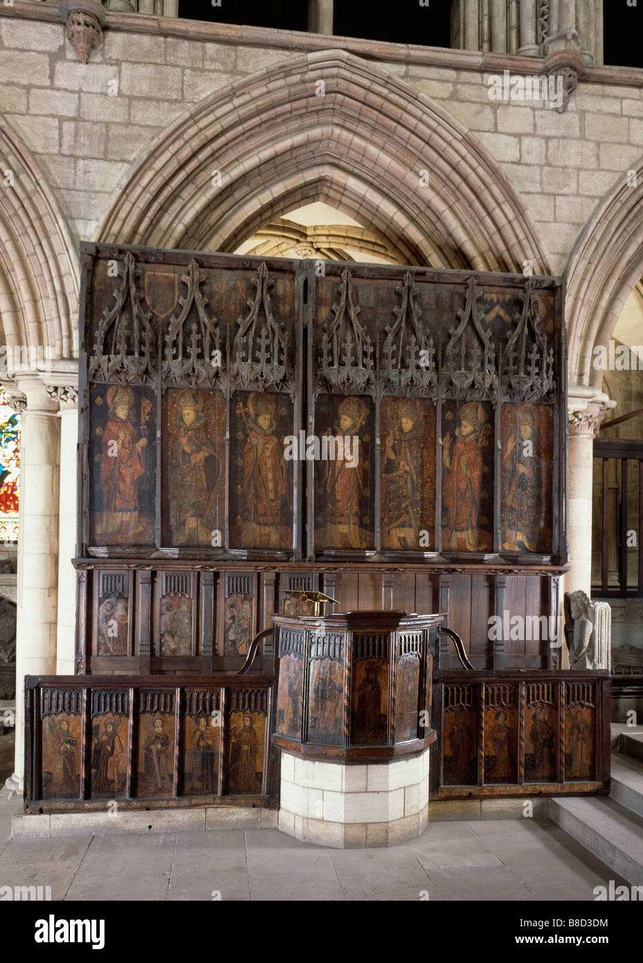 Hexham Abbey Reredos e leggio Foto Stock