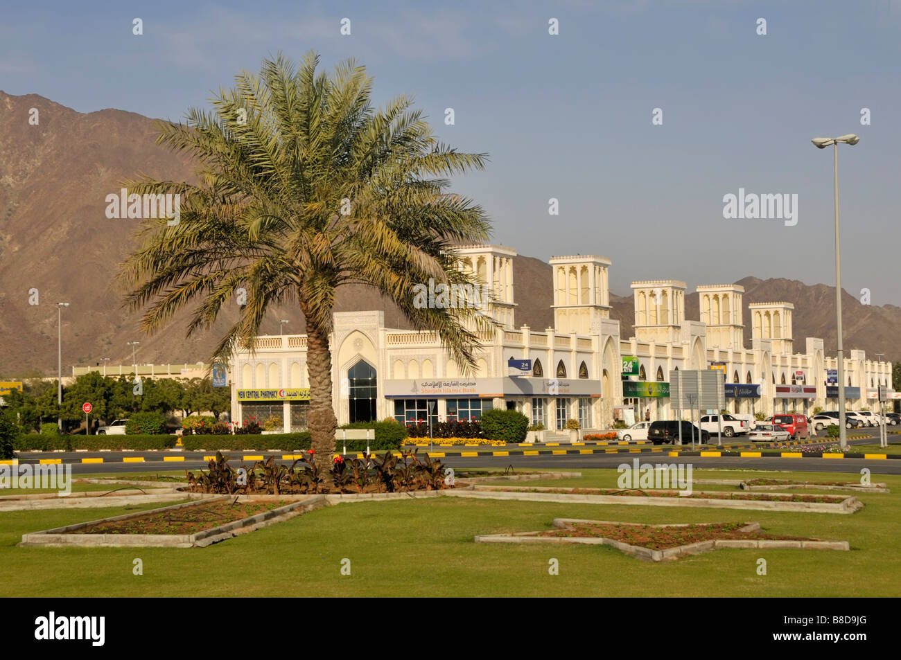 Emirato di Sharjah sul Golfo di Oman uno degli Emirati arabi uniti, Palm tree e la fila delle moderne unità negozio comprese le banche Foto Stock