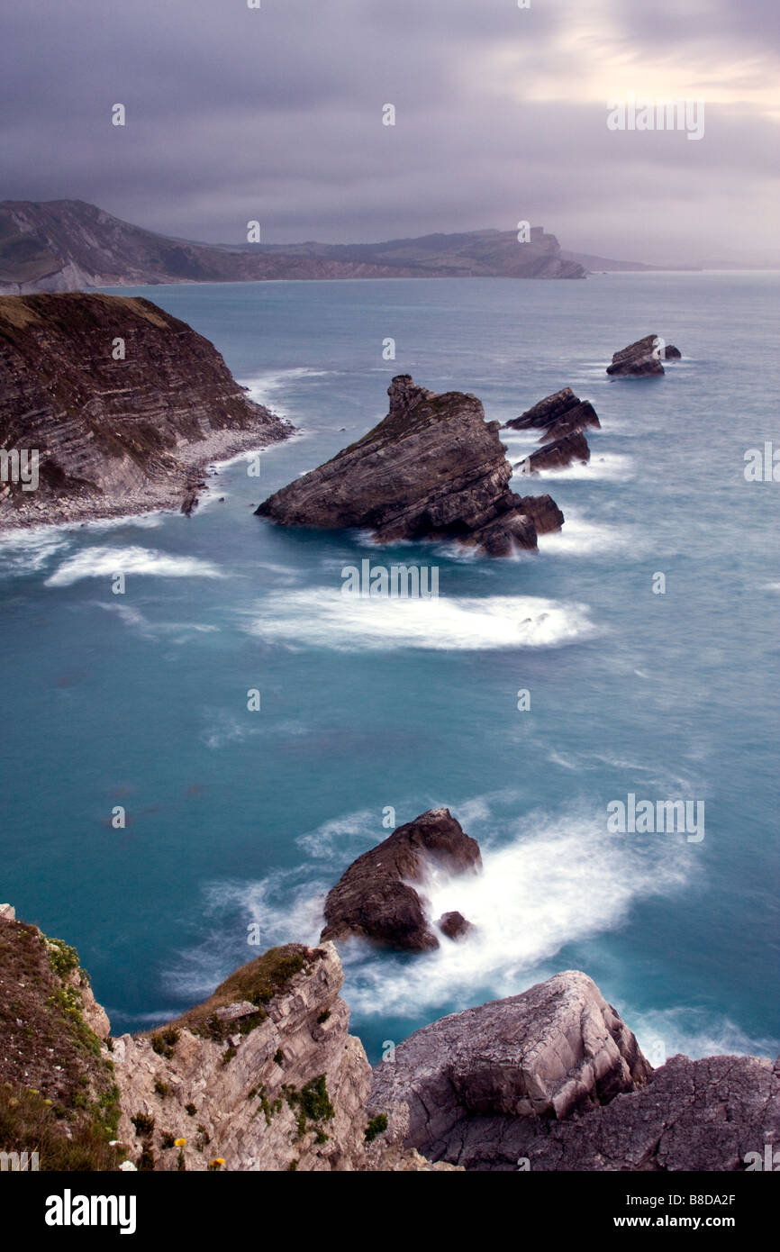 Mupe Bay rocce lungo la Jurassic Dorset. Con Worbarrow Tout nella distanza. Foto Stock