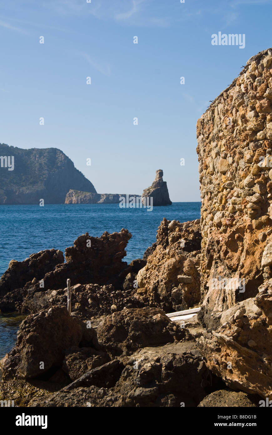 Vista in dettaglio della baia di Benirras, San Miguel, Ibiza, Spagna Foto Stock