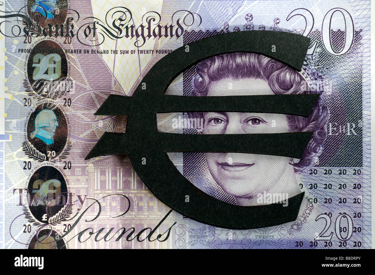 Il simbolo dell'euro e e British £20 note Foto Stock