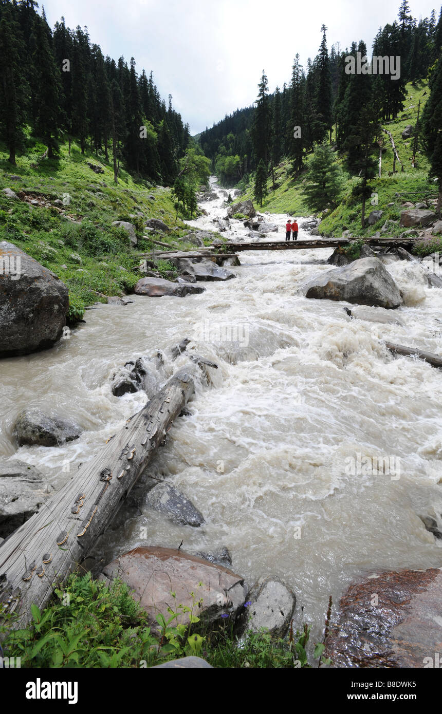 Due persone attraversando un ponte di registro sul fiume Parbati India del Nord vicino a Manali India Foto Stock