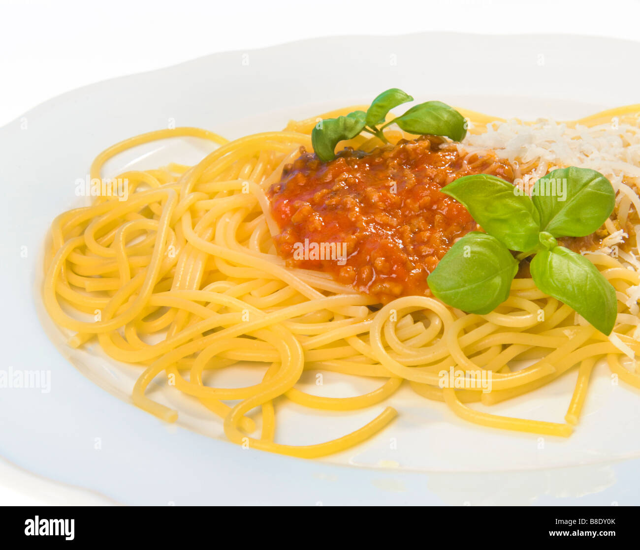 Spaghetti alla bolognese bolognese salsa a base di noodle pasta di pomodoro basilico parmigiano tritato di carne tritata tritare italia cibo italiano Foto Stock