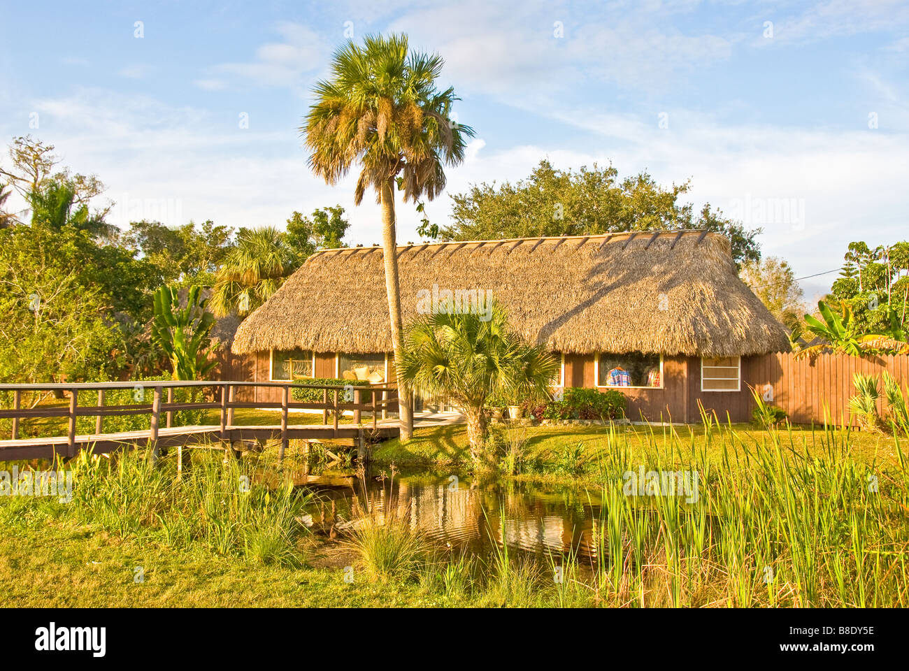 Everglades della Florida Tamiami per voli Trail US 41 Seminole Miccosukee Indian Village edificio paglia Palm tree e sawgrass Foto Stock