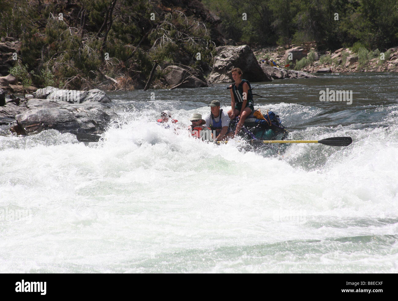 RAFT IN ESECUZIONE TAPPEN cade, Medio forcella Salmon River, ID, Foto Stock