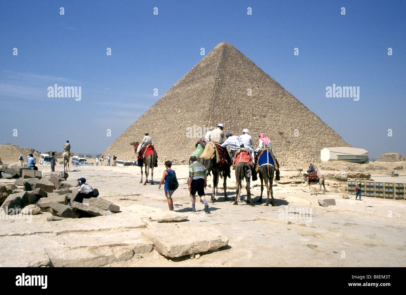 Turisti e cammelli ordinato le piramidi di Giza,Eqypt. Foto Stock