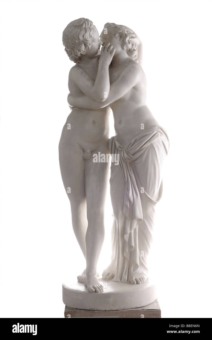 Erós e Psyché,l'incisione che rappresenta le antiche sculture romane di Amore e Psiche presso i Musei Capitolini di Roma, Italia Foto Stock