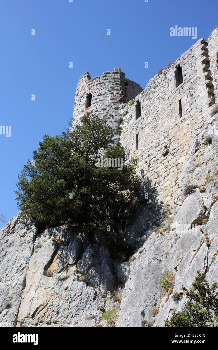 Château Puilaurens un castello cataro nel Aude dipartimento della regione Languedoc del sud-ovest della Francia Foto Stock