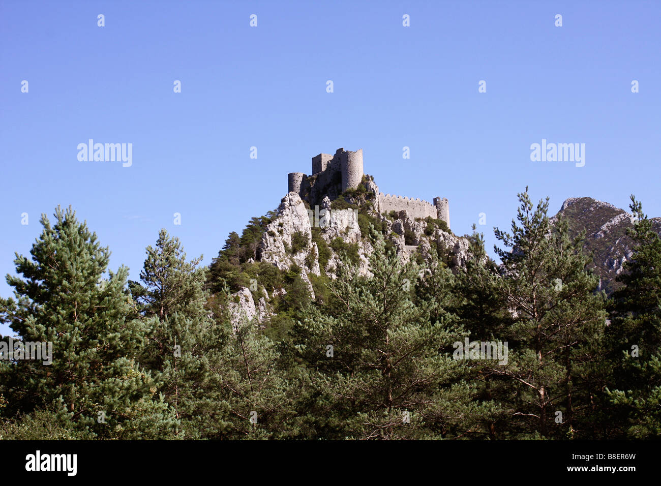 Château Puilaurens un castello cataro nel Aude dipartimento della regione Languedoc del sud-ovest della Francia Foto Stock