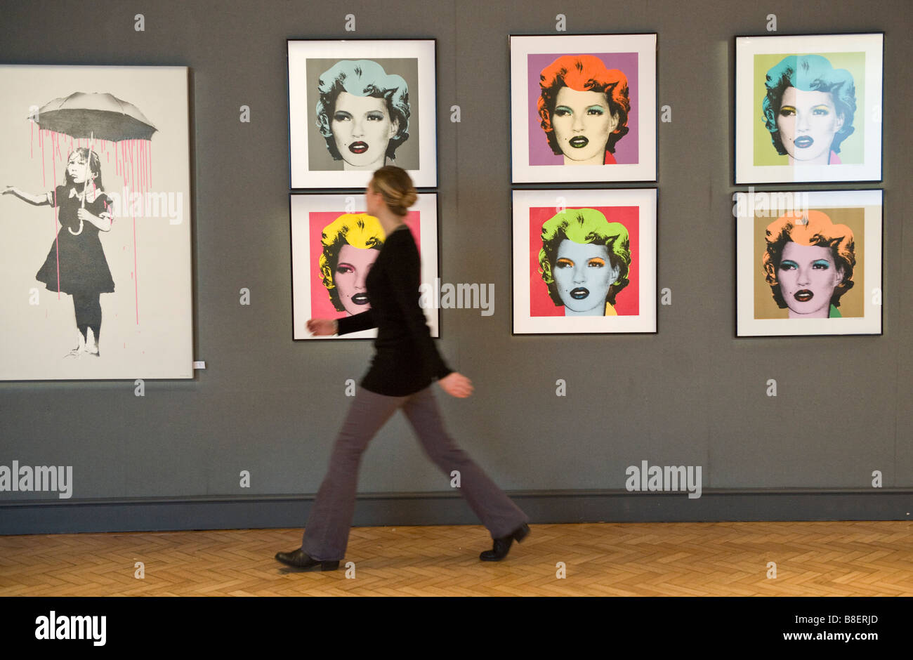 Sei stampe del modello Kate Moss per artista Banksy ispirato da Andy Warhol iconici immagine di Marilyn Monroe a Bonham's London Foto Stock