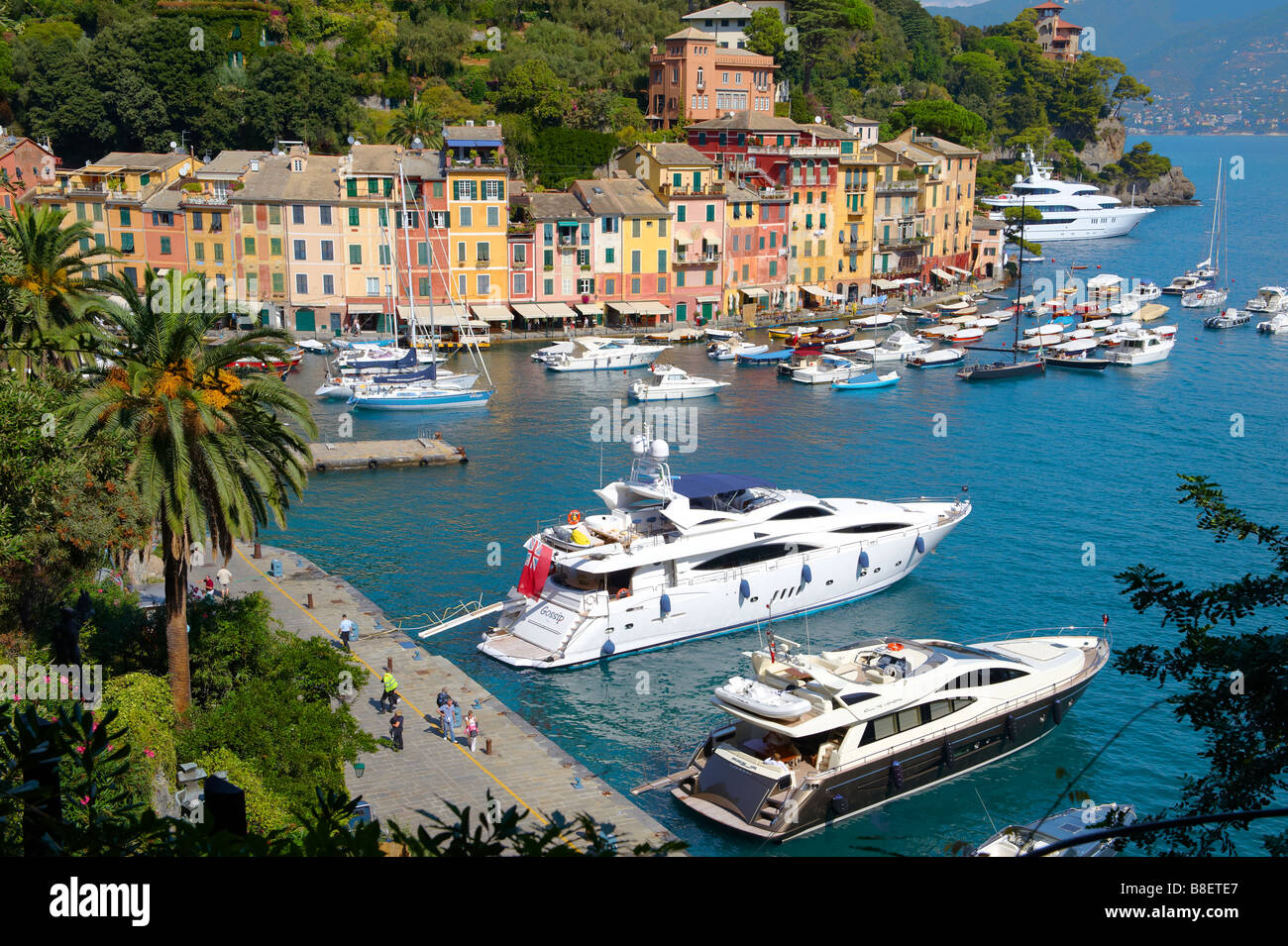 Vista sul porto di Portofino e sulle sue colorate barche da pesca e porticciolo, Liguria Italia Foto Stock