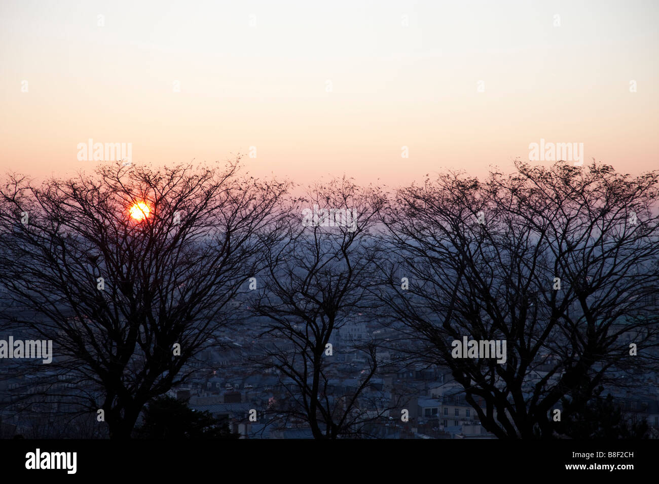La mattina presto il sorgere del sole a Parigi visto attraverso gli alberi di nudo a metà inverno Foto Stock