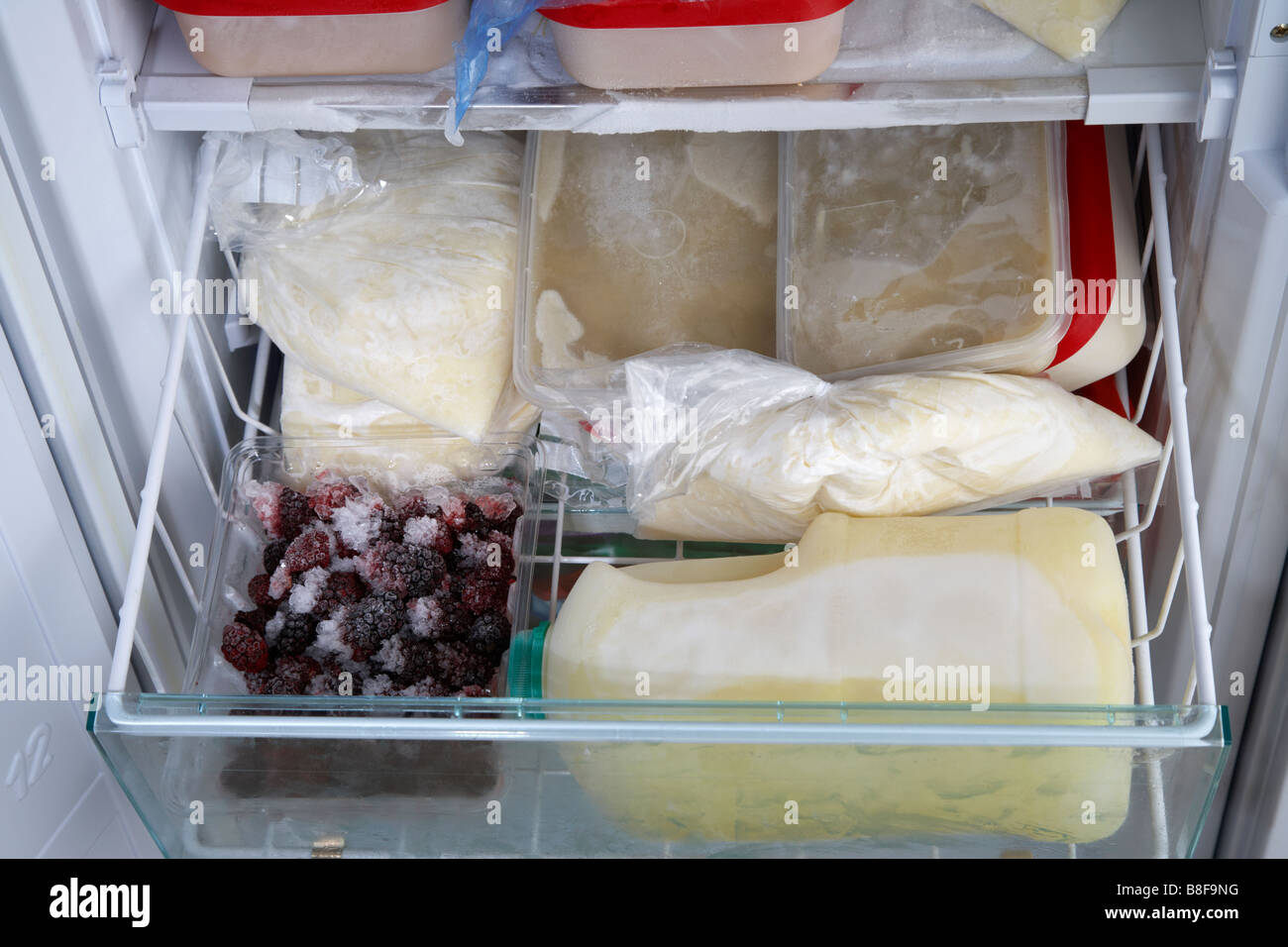 Cassetto congelatore pieno di contenitori con home cotti preprepared singole porzioni di pasto incluso zuppe di purè di patate congelate Latte Foto Stock