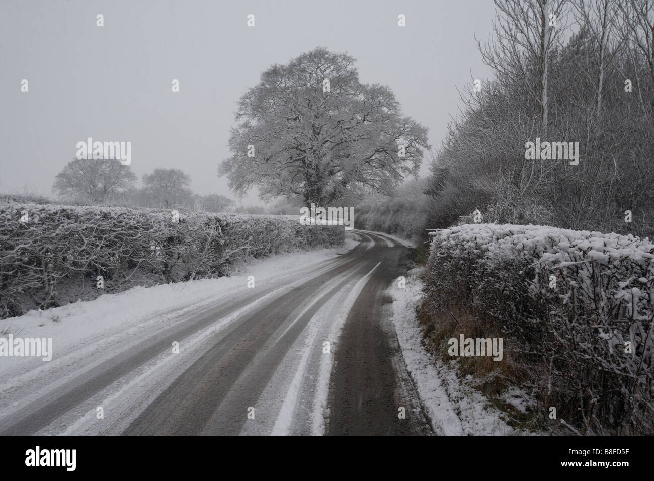 Un paese nevoso lane vicino a Redditch in Worcestershire, Regno Unito Foto Stock