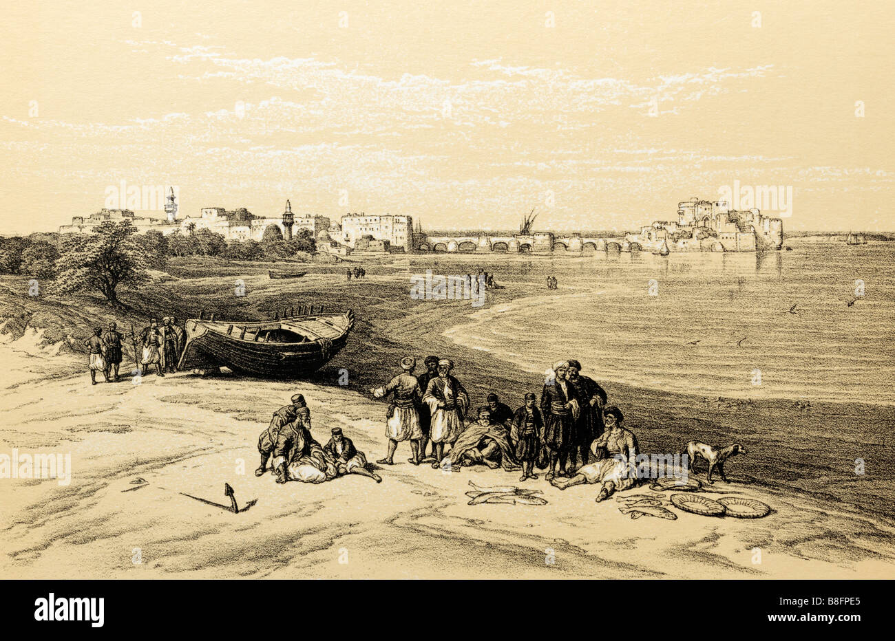 Stampa dell'antica Sidone Libano con il Castello del Mare di Sidone sullo sfondo della Fortezza di Terra Santa Foto Stock