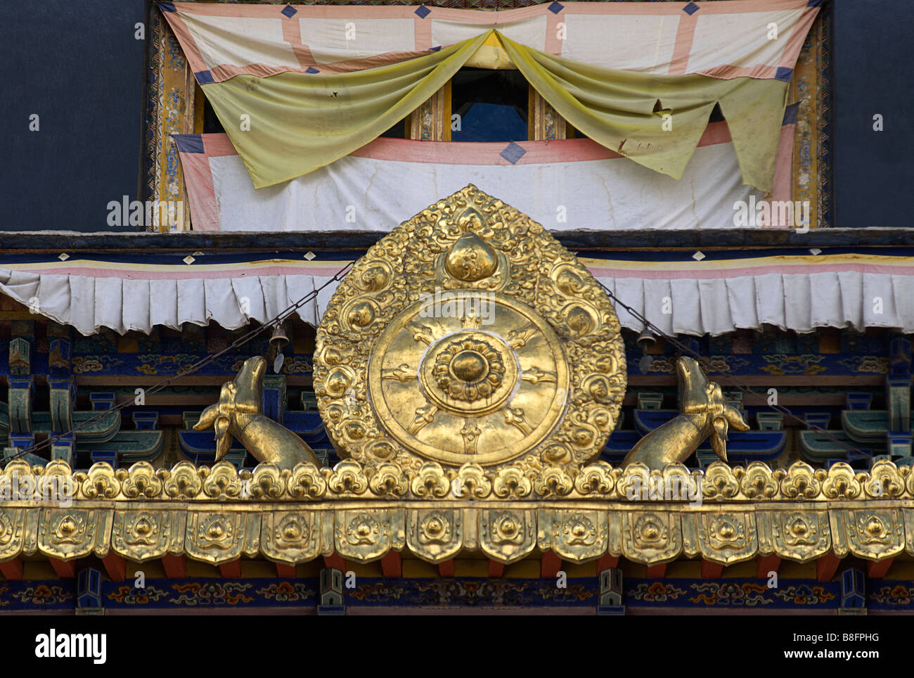 Dettagli architettonici al monastero di Tashilunpo, Shigatse,Tibet Foto Stock