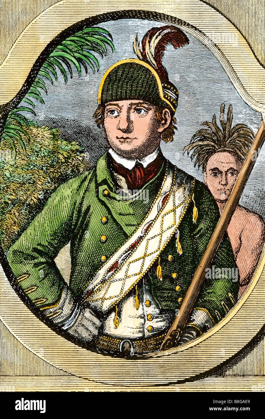 Rogers Rangers leader Robert Rogers, la guerra di indiano e francese. Colorate a mano la xilografia Foto Stock