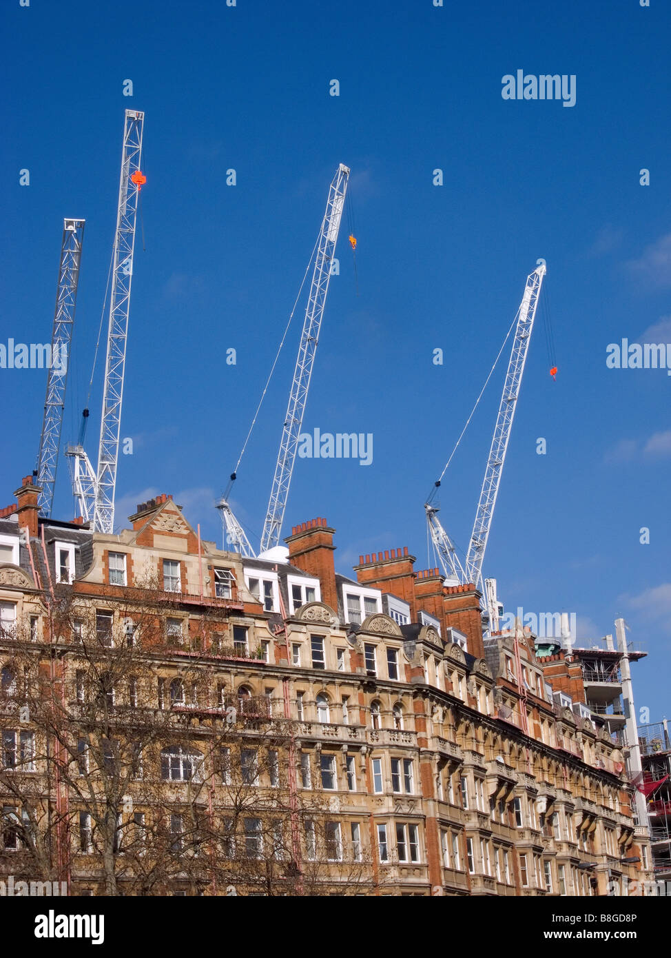 Tre luffing jib gru a torre e una gru a torre in uso su di un edificio sito nel quartiere di Knightsbridge di Londra dietro edificio esistente Foto Stock