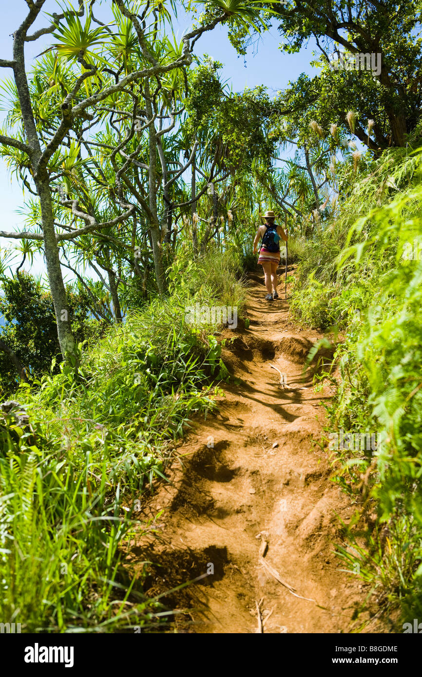 Donna che cammina con un personale a piedi attraverso una foresta tropicale sulla Costa di Na Pali di Kauai Hawaii Foto Stock