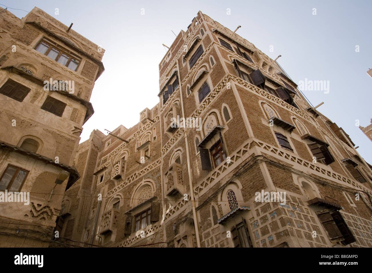 Multi-storia case di fango a Sana'a, Yemen Foto Stock