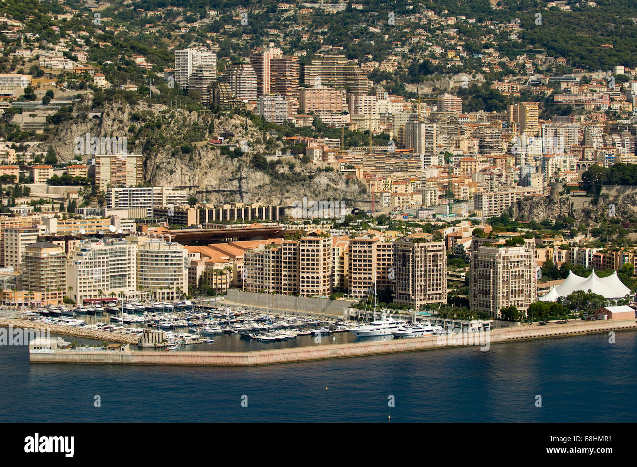 Fontvieille e Montecarlo vista dall'elicottero Cote d Azur Monaco Foto Stock