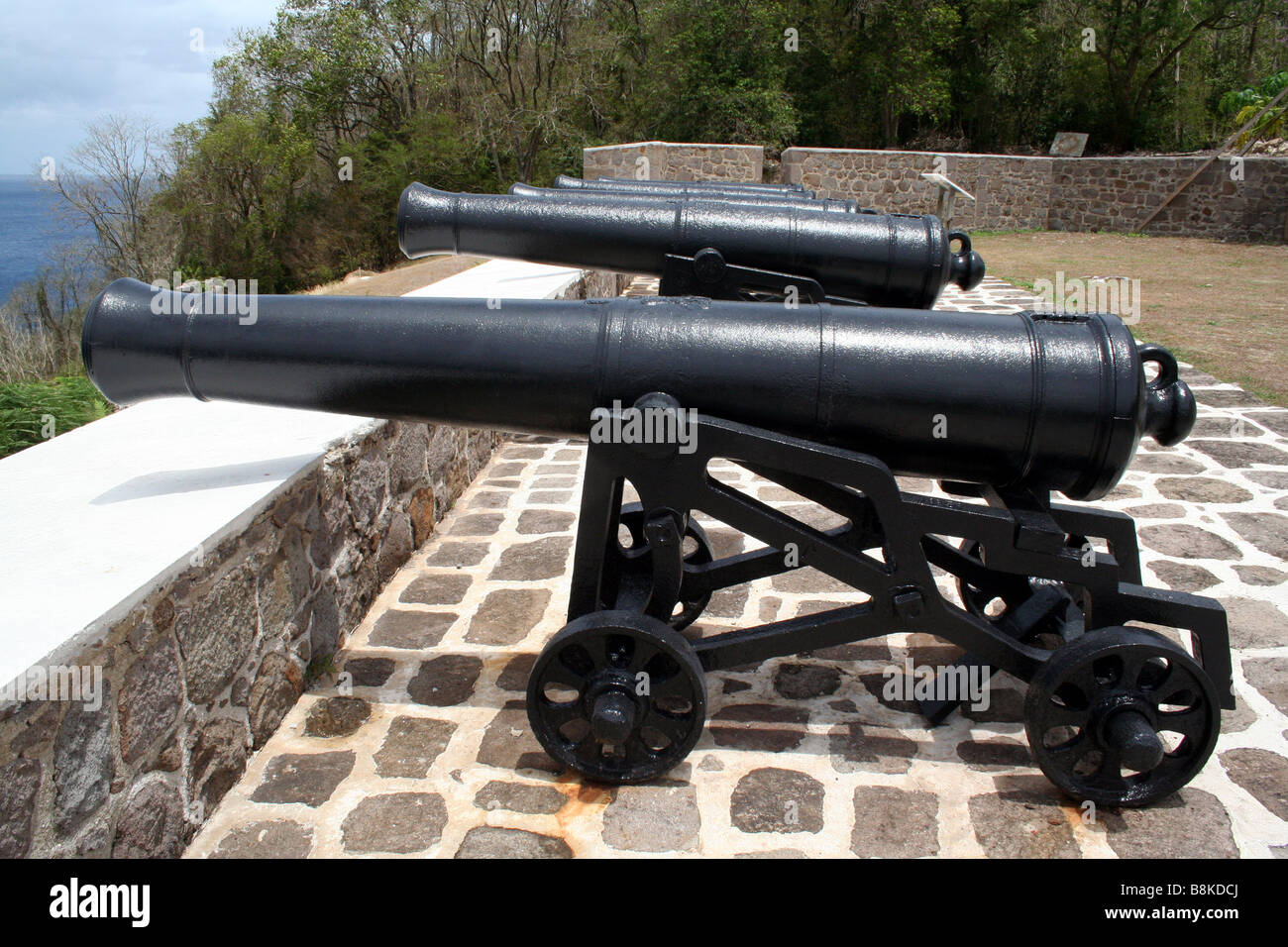 I cannoni che si affaccia sulla Seaward si avvicina al vecchio British Fort Shirley sull'isola caraibica di Dominica Foto Stock