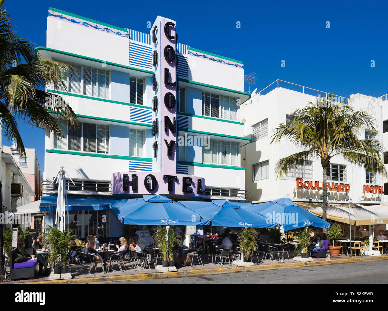 Hotel art deco su Ocean Drive e South Beach, Miami Beach, Gold Coast, Florida, Stati Uniti d'America Foto Stock