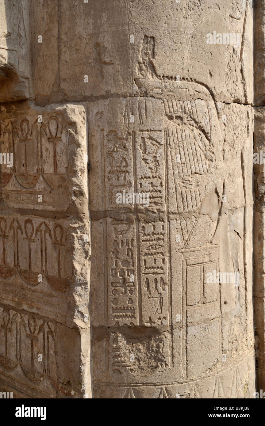 Hathor giocando un arpa presso l'entrata. Il Tempio di Edfu, Egitto 33147 081120 Foto Stock