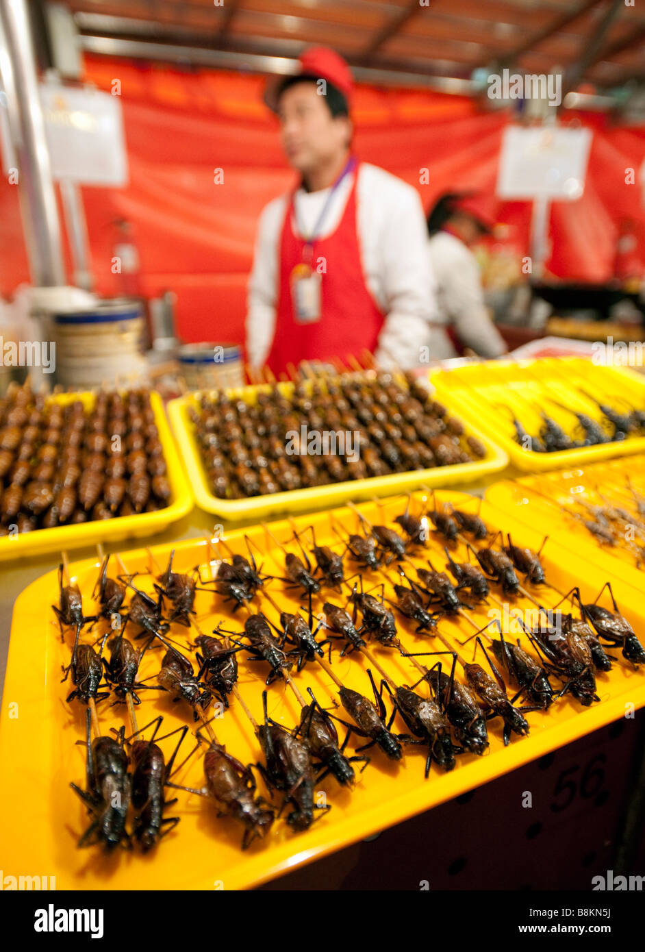 I fornitori in un cibo in stallo la Donghuamen street night market alimentare a Pechino Foto Stock