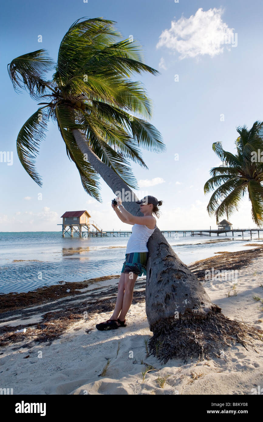 Una giovane donna rende le immagini sulla spiaggia nel tardo pomeriggio mentre appoggiata contro un albero di palma su Ambergris Caye nel Belize. Foto Stock