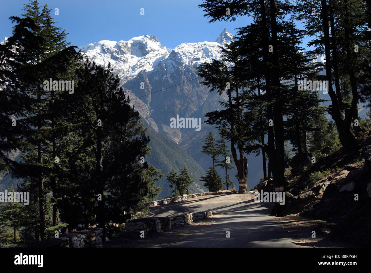 La strada panoramica verso il basso dal Kalpa nel Kinnaur Valley di Himachal Pradesh in India del nord Foto Stock