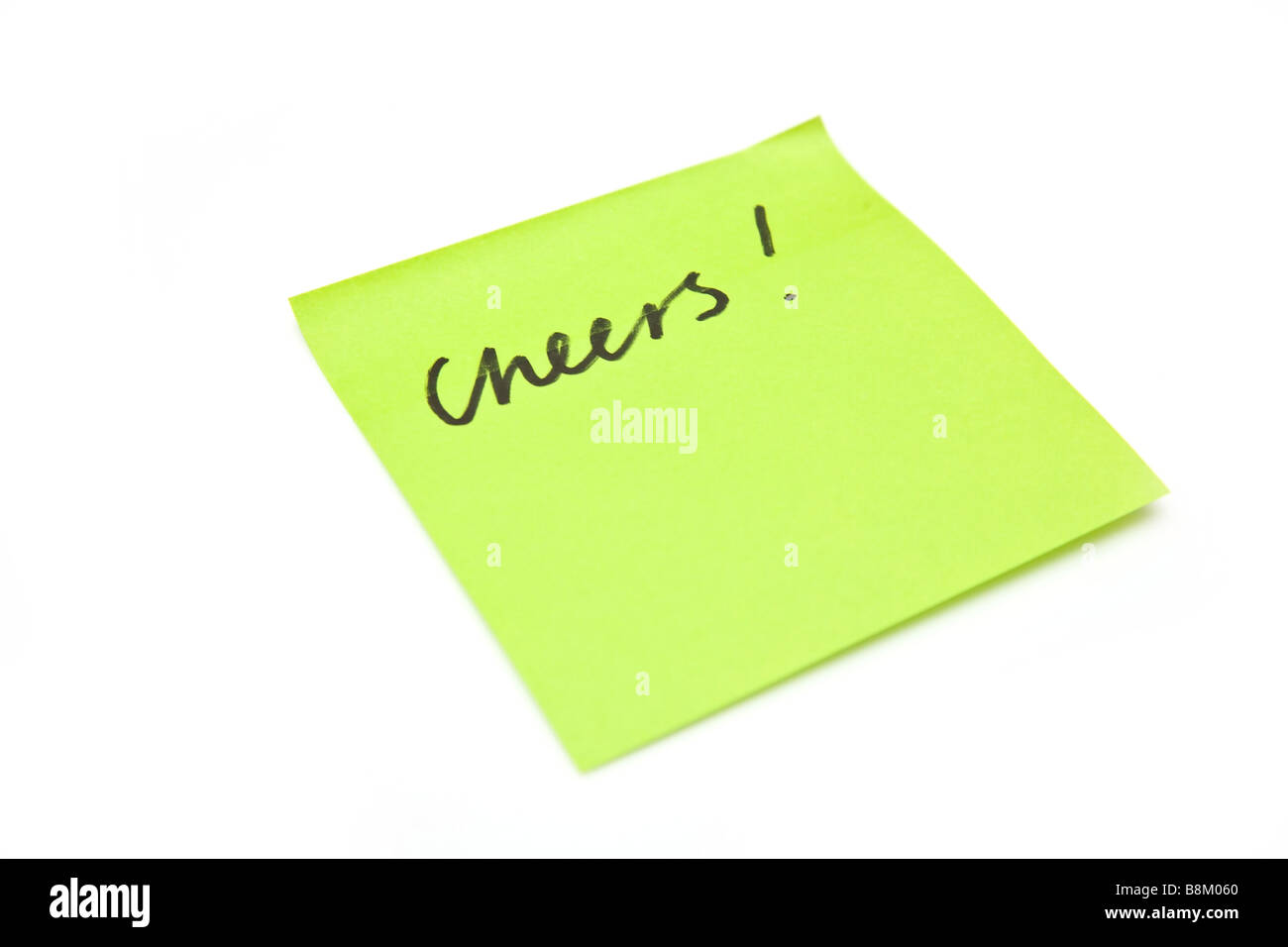 Cheers scritto su un post-it isolato su un bianco di sfondo per studio Foto Stock