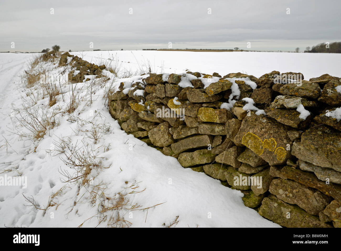 Una pietra a secco la parete dopo una pesante caduta di neve. Lincolnshire, Inghilterra. Foto Stock