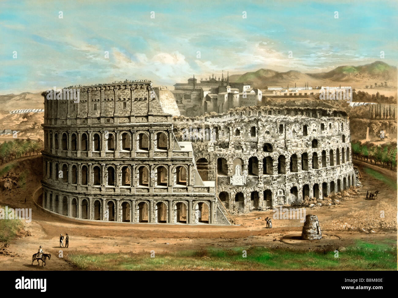 Mano illustrazione colorata del Colosseo a Roma c. 1872 Foto Stock