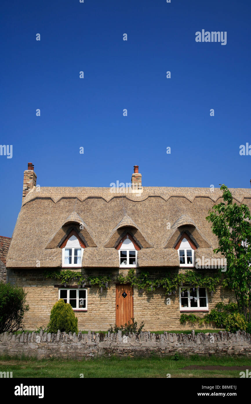 Costruito in pietra cottage con il tetto di paglia Maxy village Cambridgeshire County Inghilterra Gran Bretagna REGNO UNITO Foto Stock