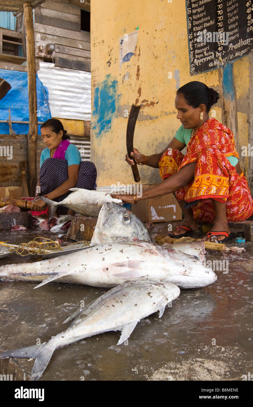 India Andamane e Nicobare Havelock island numero 1 donna di villaggio il taglio di pesce Foto Stock