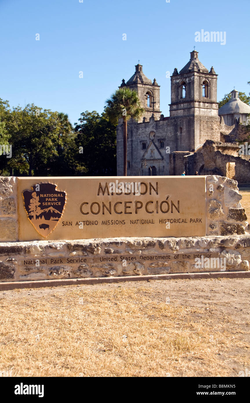 Missione Concepcion San Antonio Tx Missions National Historical Park segno del marcatore Foto Stock