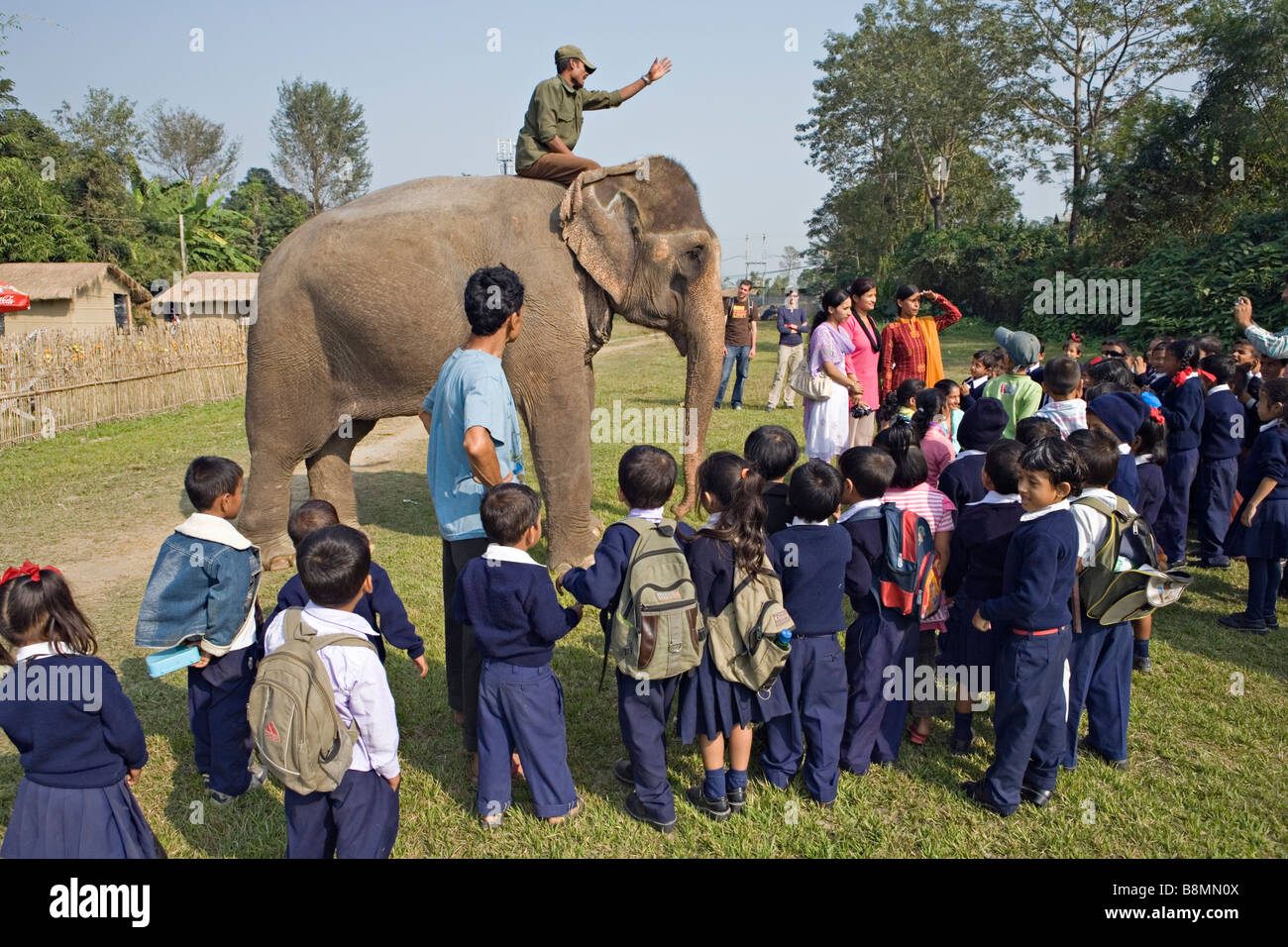Ragazzi nepalesi in escursione visitando elefante nel Parco nazionale di Royal Chitwan Nepal Foto Stock