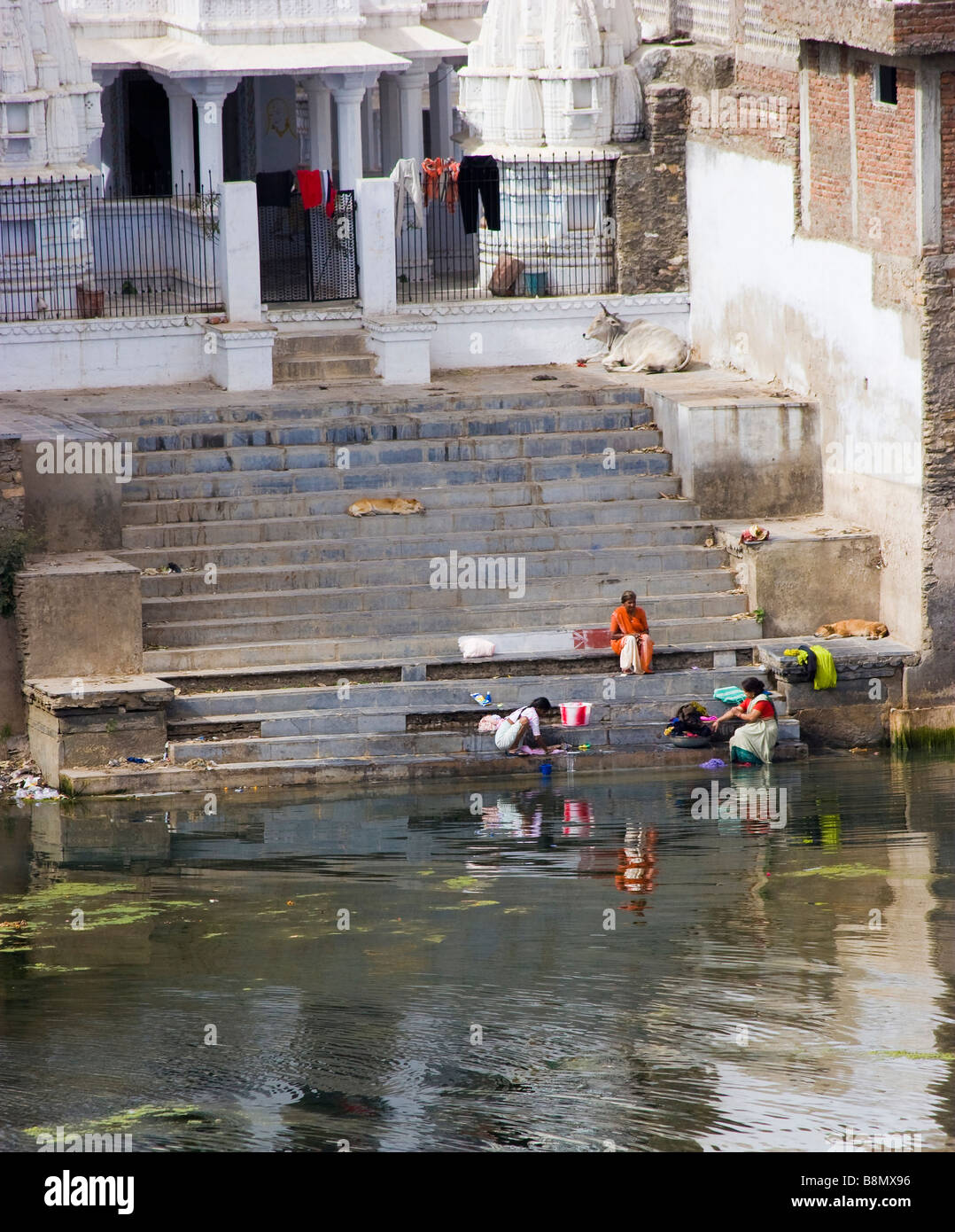 Popolo Indiano la balneazione e lavare i loro vestiti Lago Pichola Udaipur Rajasthan in India Foto Stock