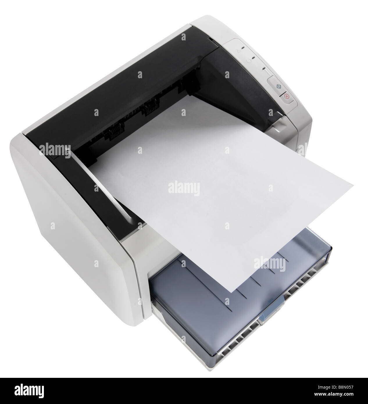 Attrezzature Officee grigio stampante laser su bianco Foto Stock