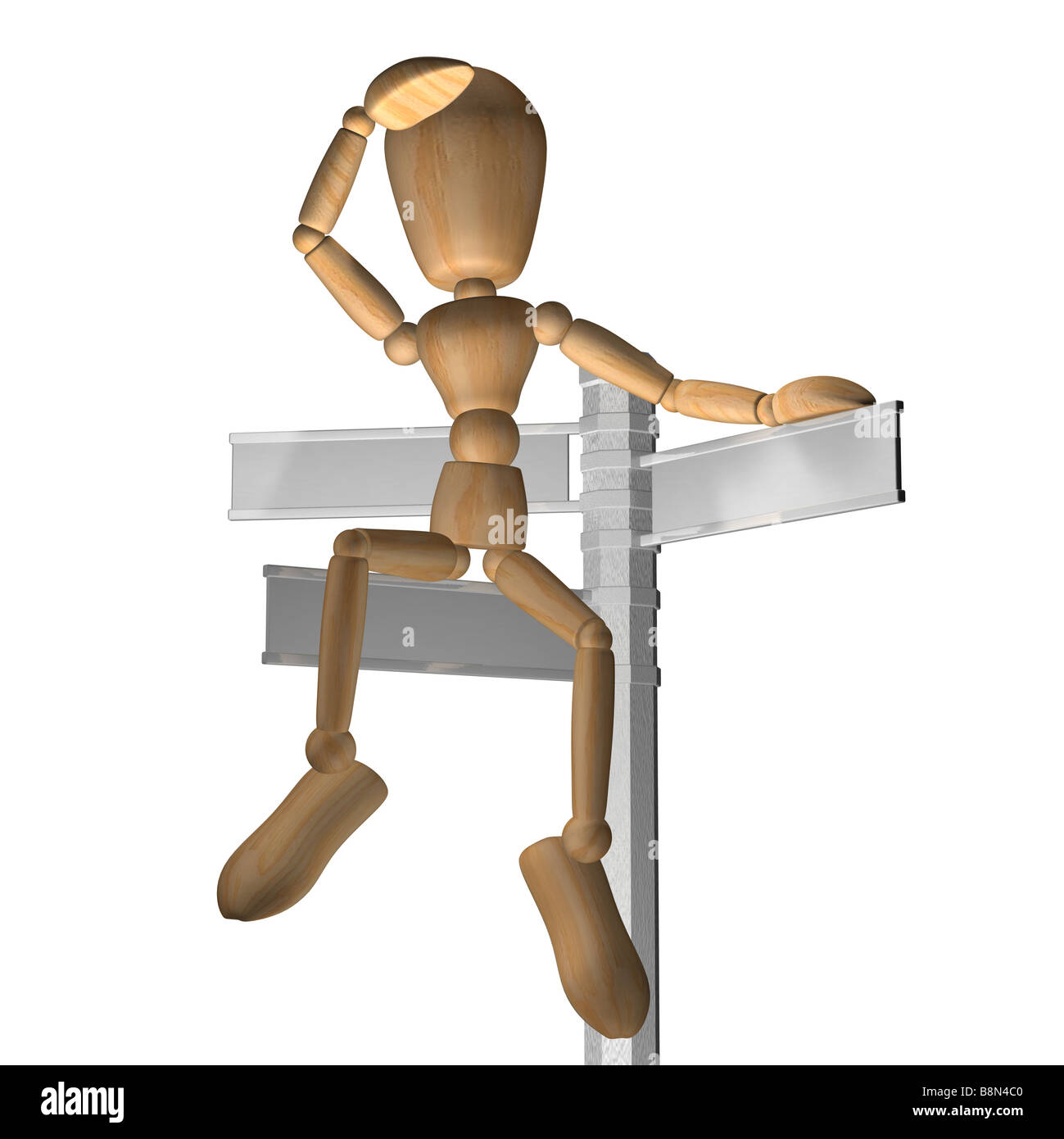 Una figura sulla segnaletica di decidere in che modo andare concetto concettuale di trovare la propria strada Foto Stock