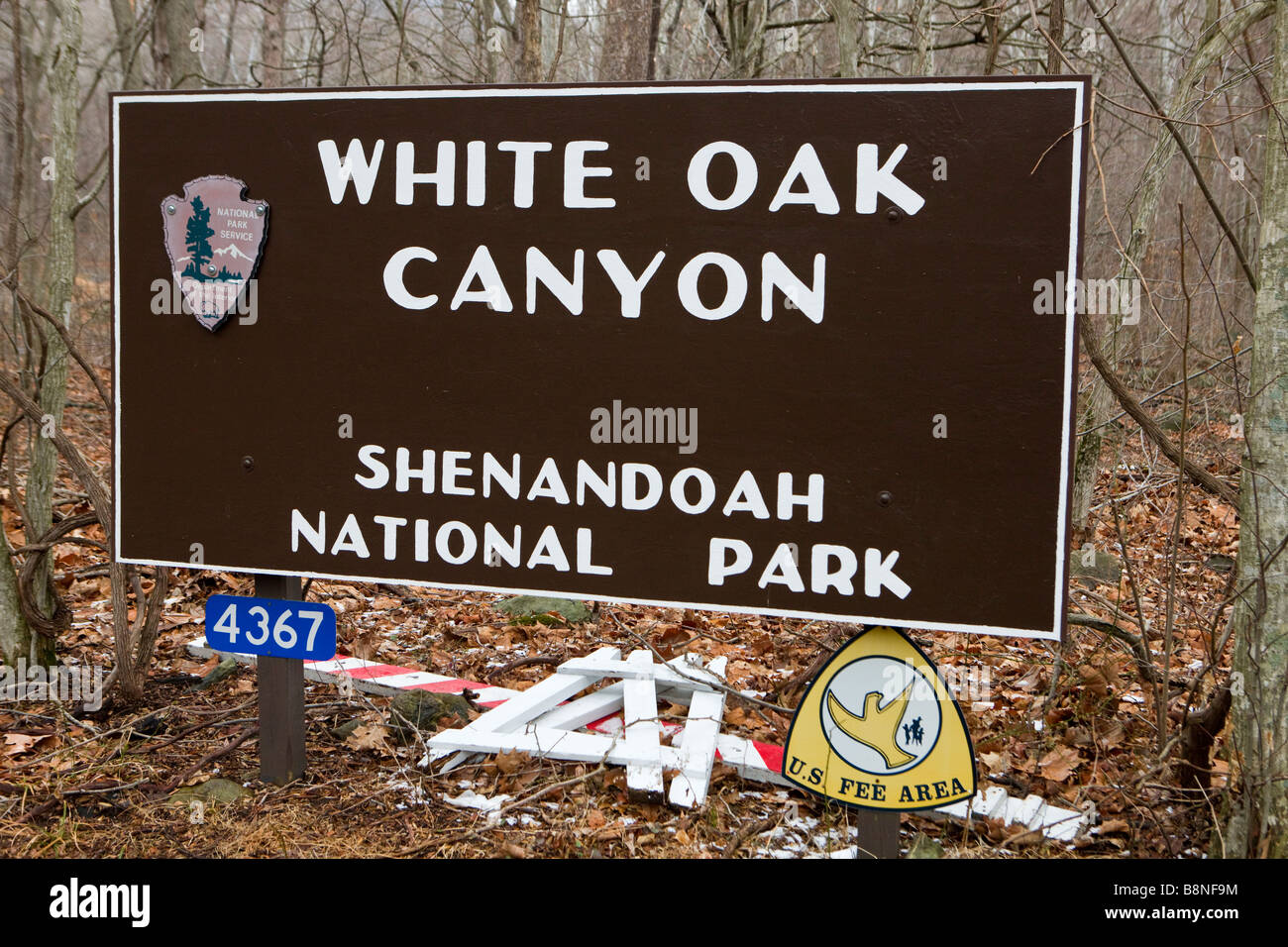 Parco nazionale di servizio in segno di benvenuto a White Oak Canyon sentiero parcheggio Whiteoak Canyon Trail e cade Shenandoah NP VA Foto Stock