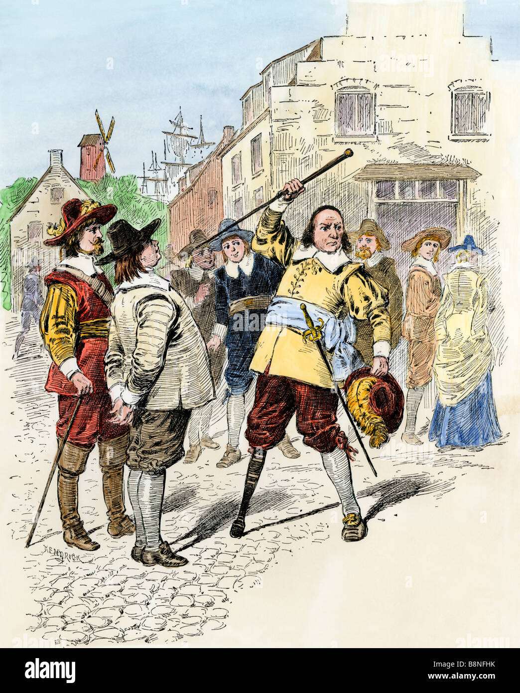Governatore Stuyvesant haranguing cittadini di New Amsterdam 1600s. Colorate a mano la xilografia Foto Stock