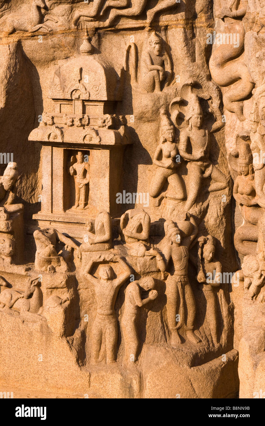 India Tamil Nadu Mamallapuram Arjunas penitenza rock indù carving dettaglio Foto Stock