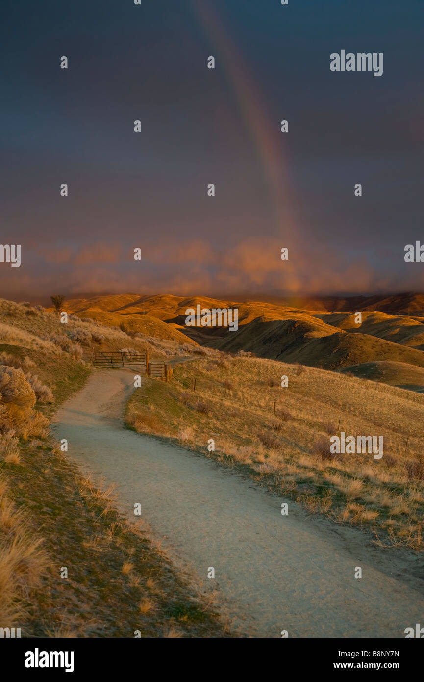 Il percorso che conduce verso un arcobaleno a distanza Foto Stock