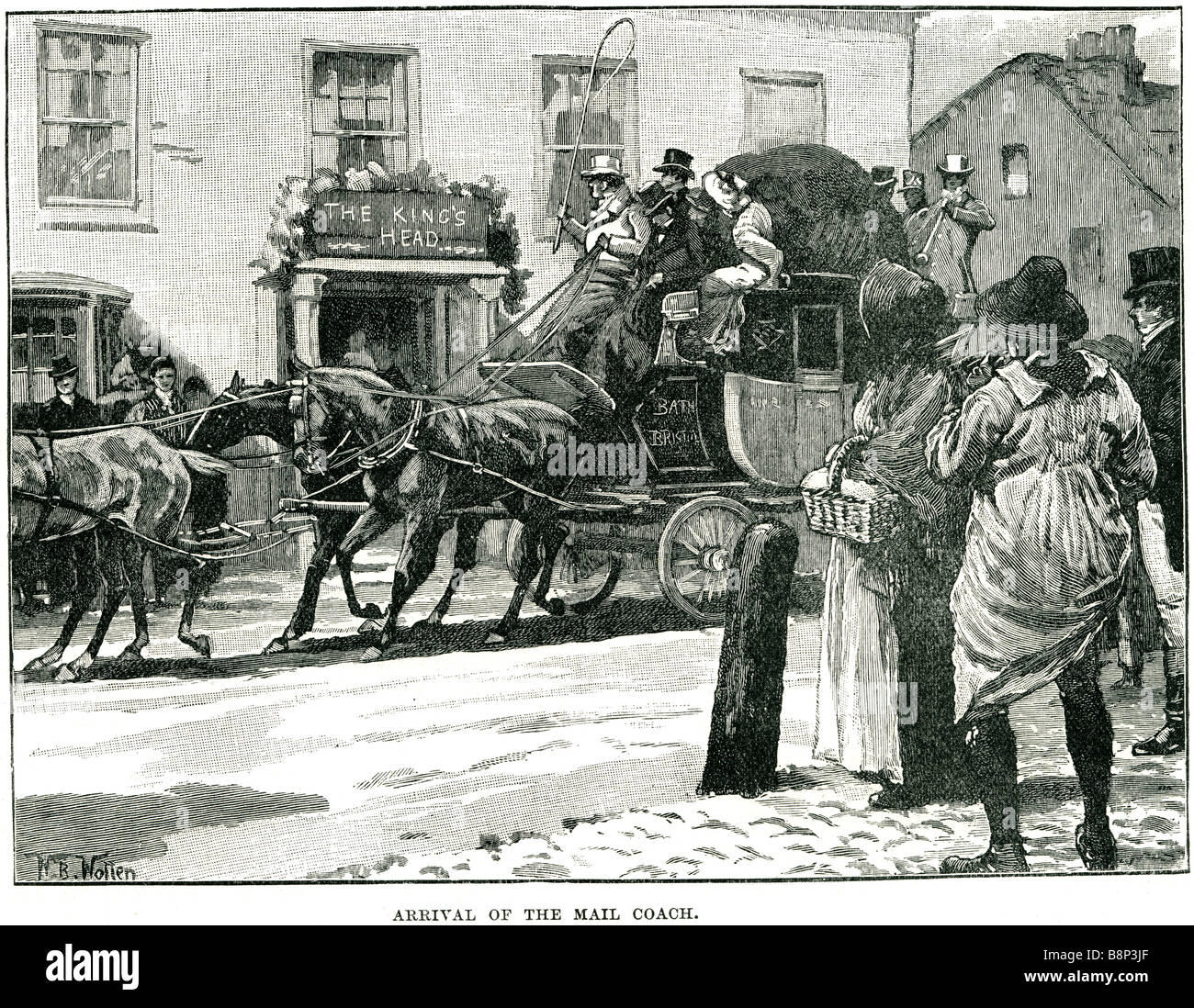Arrivo del pullman posta una carrozza a cavalli quattro cavalli passeggero letter box Foto Stock