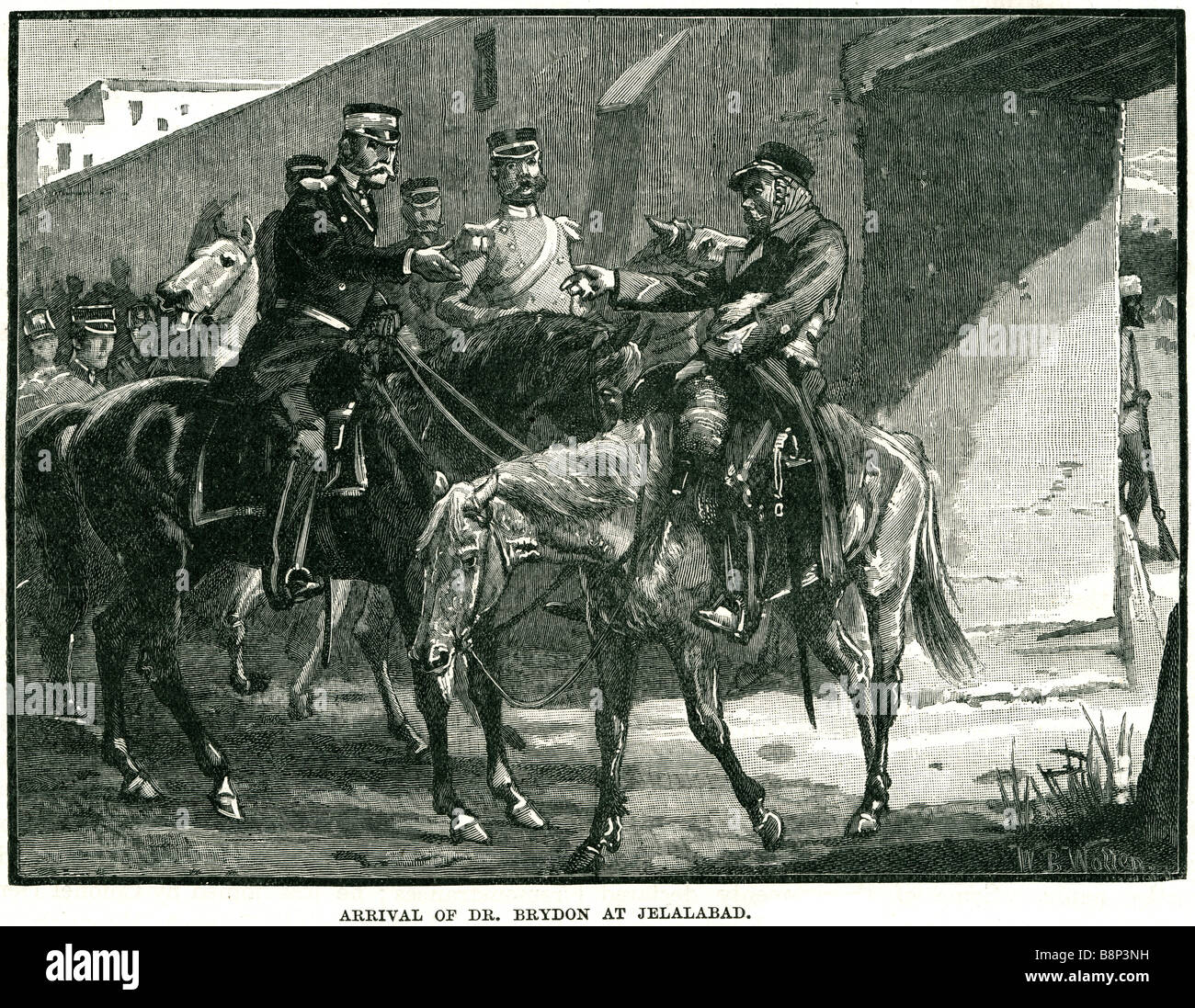 Arrivo dr brydon a jelalabad 1842 assistente chirurgo la British East India Company esercito prima guerra Anglo-Afghan Foto Stock